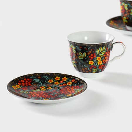 Set of ceramic tea shade "Russian pattern", 4 items: 2 cups 210 ml, 2 saucers, color colorful color-3