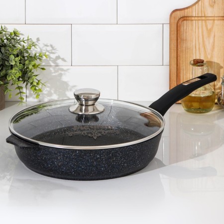 Frying pan “Granite Star”, D = 28 cm, plastic handle, glass cover, anti -stick coating, black color