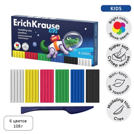 Plasticine 6 colors, 108 g, Erichkrause "Kids Space Animals", with a glass, in cardboard packaging