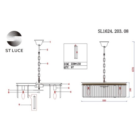 Suspended chandelier ST LUCE. SL1624.203.08. Ercolano. 6x40 W, E14, 55x55x18 cm, Shampan-7