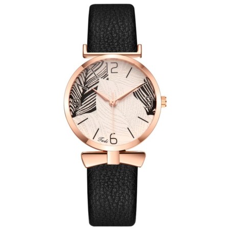 Watch of wrist quartz female "leaves", d-3.3 cm, black strap
