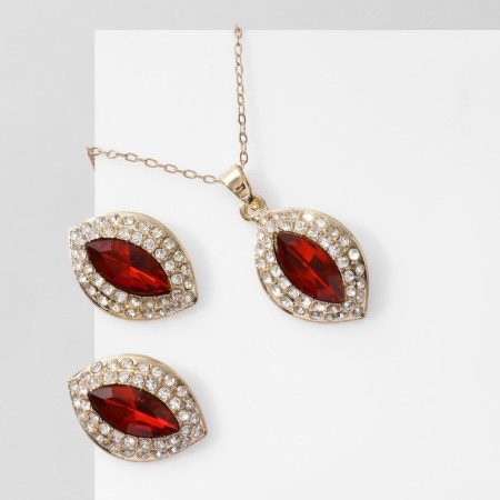 Set 2 objects: earrings, pendant "Edel" trio almonds, red-white color in gold, 50 cm