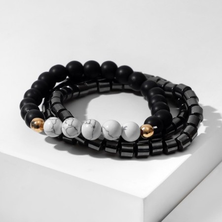 Bracelet unisex set 3 pcs. "Hematite" beads, black and white color, d = 7 cm-1
