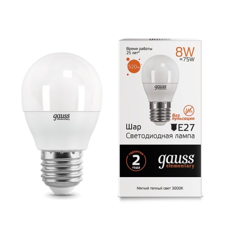 LED LED ELEMENTARY 8W ball 3000K TEP. Bel. E27 520lm Gauss 53218