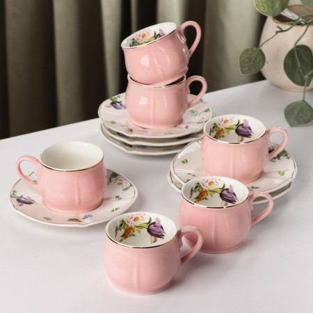 Ceramic coffee coffee table, 12 items: 6 cups 100 ml, 6 saucers 12 cm, pink color