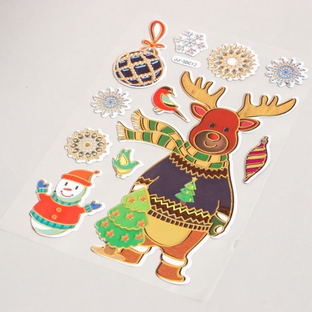 Plastic sticker "Elk with a Christmas tree, a snowman and a bird" 17x27 cm-1