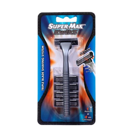 Shaving machine, Super-Max Kwik 3, many times. Station+4 shift cartridge with a triple blade.