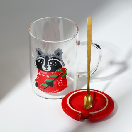 Glass mug with a spoon and lid "Raccoon", 470 ml-4