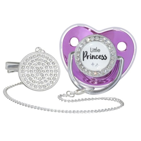 Set: Nipple - Orthodontic dummy with a holder, Little Princess, with a cap, from 6 months, pink/silver, rhinestones-6