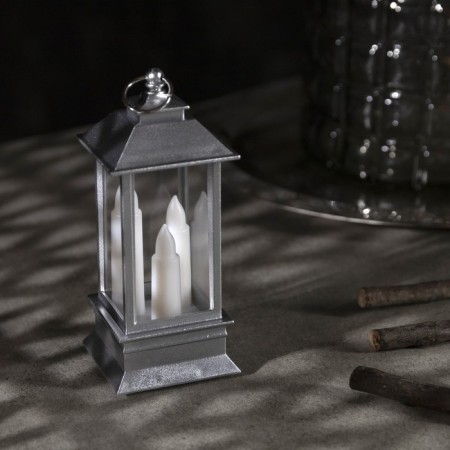 LED figure “Silver Lantern with candles” 5.5 × 13 × 5.5 cm, plastic, batteries AG13x3, glow warm white-1