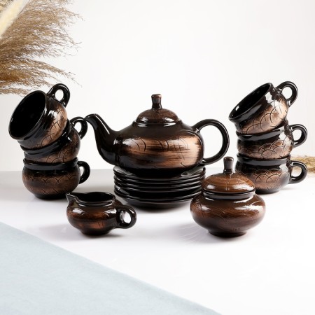 Tea Service "Ornament" old, kettle 1l/ sugar bowl 0.5l/ cream 0.3l/ cup 6x0.25l