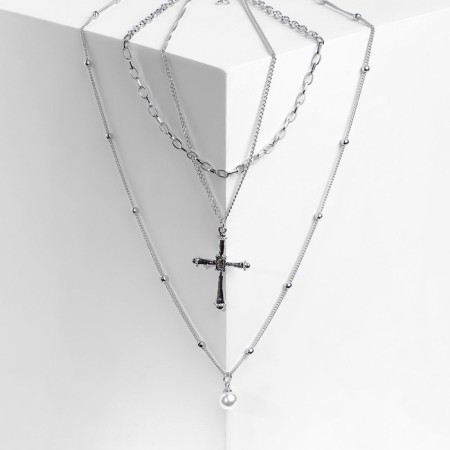 Piece "chain" Cross with pearls, white color in silver, l = 60 cm-3
