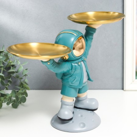 Souvenir Polystone stand "Cosmonaut in turquoise with two dishes" 14x26.5x32 cm-1