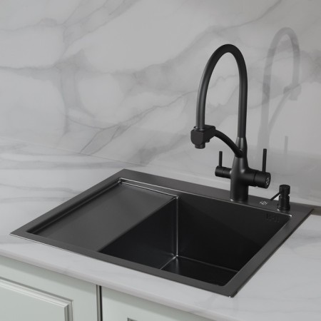 Kitchen sink "RMS" MRK-5851BL-R, mortise, right, thickness 3.0 and 1 mm, dispenser, graphite-1
