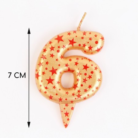 Candle in the Sanata cake, number "6", gold with red stars, 5.5 cm-2
