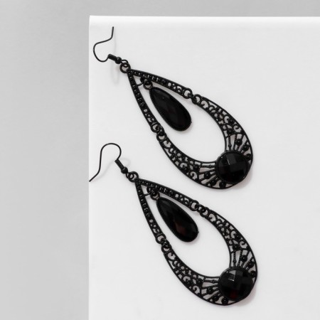 Hanging earrings "drops" with a circle in openwork, black color in ferrous metal, 8.5 cm-1