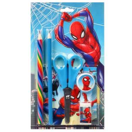 Cleaning set, notebook, sharpener, eraser, pencil, scissors, spider-man-1