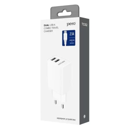 Network charger PERO TC02, 2 USB, 2.1 A, MicroUSB cable, white-1