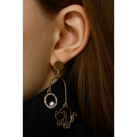 Earrings Assorted SISTA playful cats, white color in gold-7