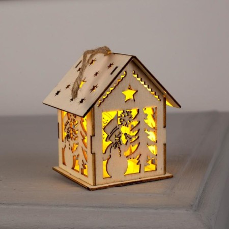 Christmas tree toy "House with a snowman", from batteries, a glow of warm white-2