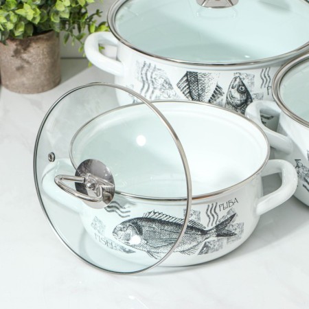 Set of pots "Fish", 3 subjects: 2 l, 3 l, 4 l, glass covers, induction-1