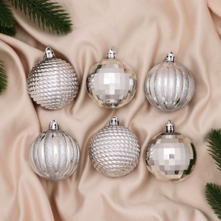 Set of balls plastic D-6 cm, 6 pcs "Disco Mix" silver