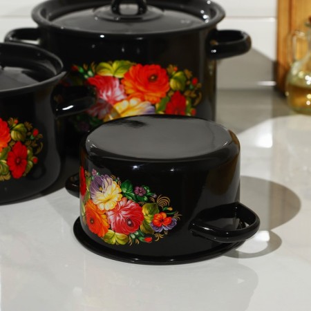 Set of pots "Zhostovo", 3 subjects: 1.5 l, 2.9 l, 4.5 l, enameled covers, induction-2