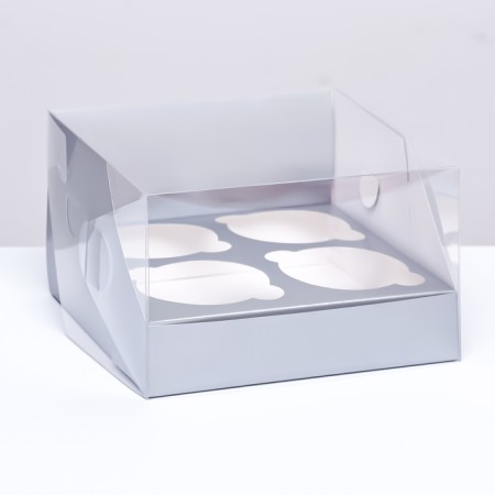 Confectionery folding box for 4 cupcakes 16 x 16 x 10, silver