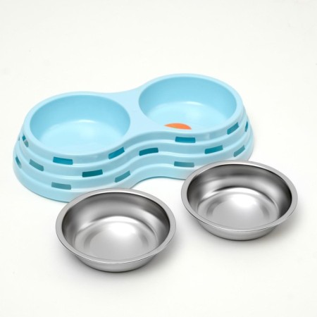 Metal dual bowl on a plastic base 2 x 160 ml, 25 x 14 x 5 cm, blue-3