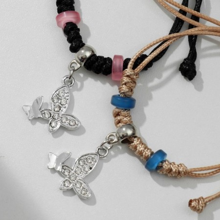 Bracelets "Demetrons" Two butterflies with beads, black-beige color, 8 cm-1