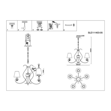 Suspended EVOLUCE lamp. Sle111403-05. Foggia. 5x40 watts, E14, 68x68x57 cm, Shampan-8