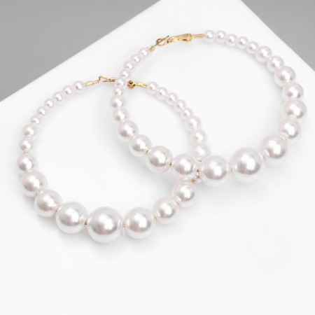 Ring earrings “Tenderness of pearls” are large, white color in gold, D = 8 cm-2