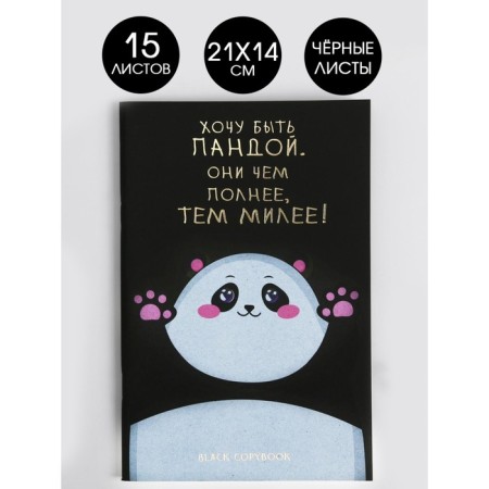 Notebook with black sheets of 15 sheets "Panda", designer cardboard, tinted paper 21 x 14 cm