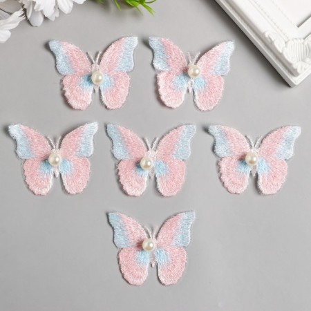 Decor for creativity Textile Embroidery "Butterfly Pink-blue" double wings 5x6.3 cm-1