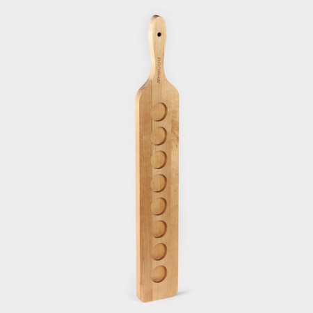 Board for feeding shots with a handle, 60 × 9 × 1.8 cm, 8 glasses, diameter of cells 3.9 cm, with impregnation, birch-1