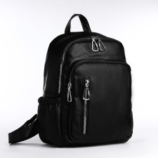 Women's backpack made of artificial leather with lightning, 6 outer pockets, black color