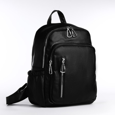 Women's backpack made of artificial leather with lightning, 6 outer pockets, black color