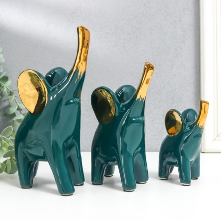 Souvenir ceramics "Elephants - Green Gloss" gold set 3 pcs 9x11; 10.5x15.5; 12.5x19 cm