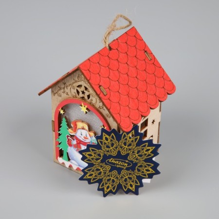 Christmas tree toy "House with a snowman", from batteries, a glow of warm white-2