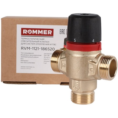 Thermostatic valve Rommer RVM-1121-186520, mixing, 3/4 ", HP, 30-65 ° C, KV 1.8-5
