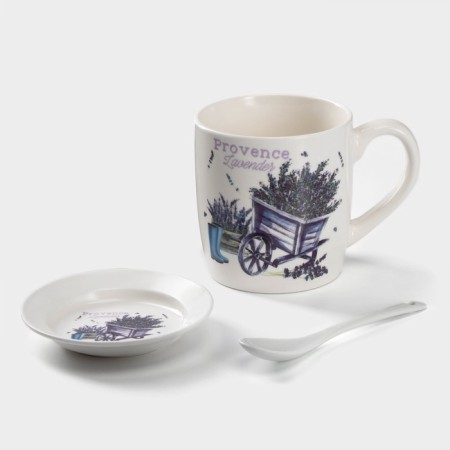 Ceramic mug with a spoon on the Lavender stand, 330 ml, Mix drawing-1
