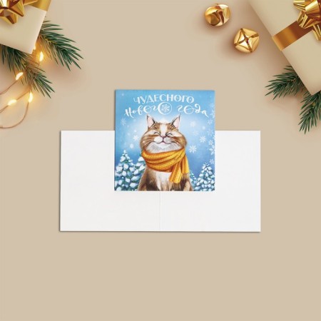Postcard Congratulatory Mini "Happy New Year", cat, 7 x 7 cm, New Year-1
