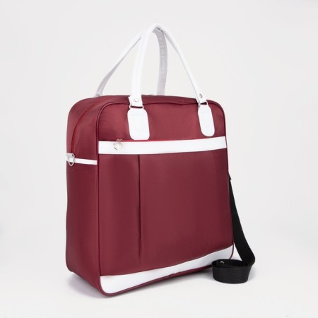 Board Road on a zipper, an outer pocket, a suitcase holder, burgundy/white color