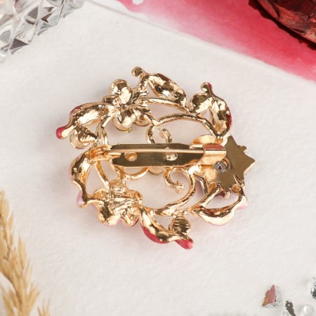 Brooch "Flower frame" circle, red color in gold-2