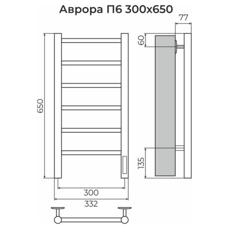 Terminus heated towel rail "Aurora" P6, 300x650 mm, right, chrome-2