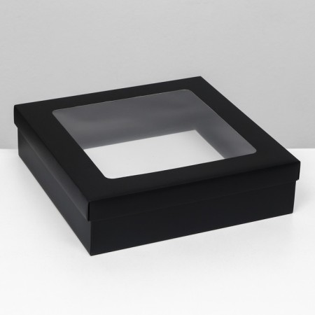 The box is folding, the lid is, black, with a window 30 x 30 x 8 cm