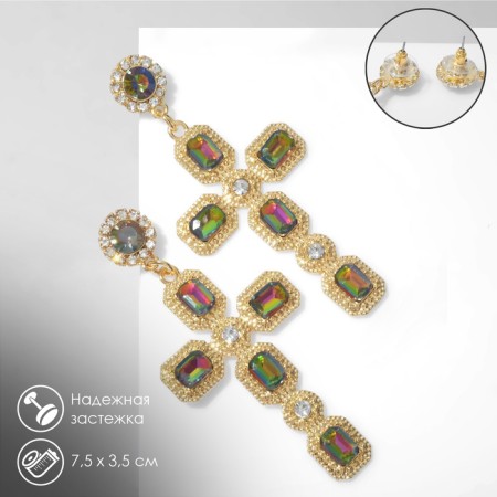 Hanging earrings with rhinestones "crosses", white-Benzine color in gold