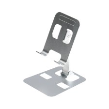 A phone stand, adjustable, folding, metal, rubber inserts, silver