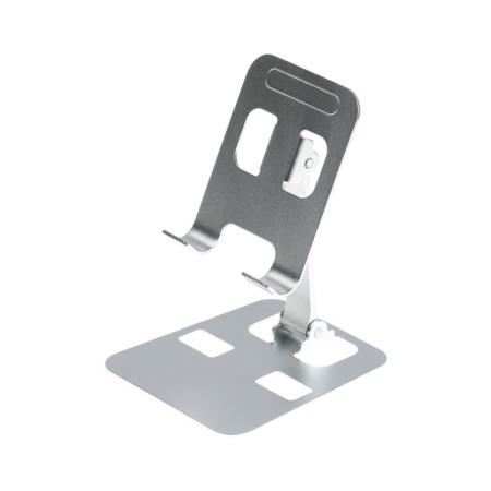 A phone stand, adjustable, folding, metal, rubber inserts, silver