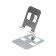 A phone stand, adjustable, folding, metal, rubber inserts, silver